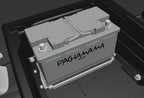Darstellung einer im Bus befestigten Batterie anhand unseres Batteriehalters aus rostfreiem Edelstahl an der Sitzkonsole des Fahrersitz oder Beifahrersitz von VW T5 T6 T6.1